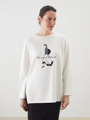 Lc Waikiki Yeni Sezon Bisiklet Yaka Baskılı Oversize Kadın Sweatshirt Tunik