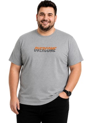 Battal Moda Erkek Büyük Beden Melanj Gri Bisiklet Yaka Kısa Kollu Overcome Tişört 3xl-4xl-5xl-6xl