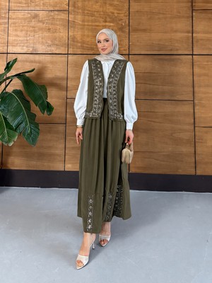 Miss Allos Kadın Boncuk Işlemeli Dökümlü Yelek Etek Modal Takım