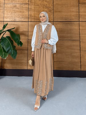 Miss Allos Kadın Boncuk Işlemeli Dökümlü Yelek Etek Modal Takım