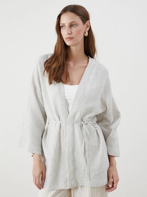 Lc Waikiki Yeni Sezon Şal Yaka Çizgili Müslin Kadın Kimono