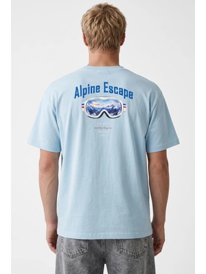 Respire Erkek Alpine Nakışlı Oversize T-Shirt Bebe Mavi