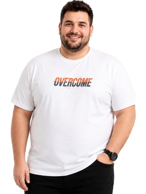 Battal Moda Erkek Büyük Beden Beyaz Bisiklet Yaka Kısa Kollu Overcome Tişört 3xl-4xl-5xl-6xl