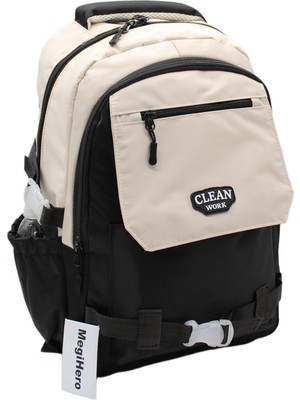 MegiHero Çok Bölmeli Okul Çantası Unisex Okul Sırt Çantası 26011 Bej-Siyah
