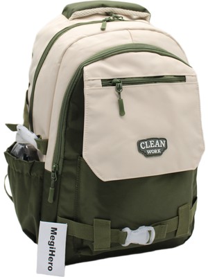MegiHero Çok Bölmeli Okul Çantası Unisex Okul Sırt Çantası 26011 Bej-Haki