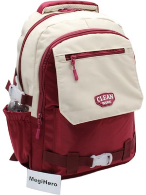 MegiHero Çok Bölmeli Okul Çantası Unisex Okul Sırt Çantası 26011 Bej-Bordo