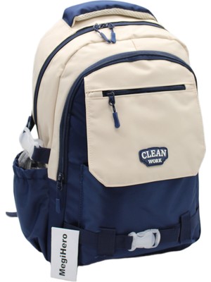 MegiHero Çok Bölmeli Okul Çantası Unisex Okul Sırt Çantası 26011 Bej-Lacivert