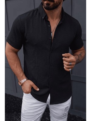 Oksit Tizza Erkek Slim Fit Kendinden Dokulu Kısa Kollu Yazlık Gömlek