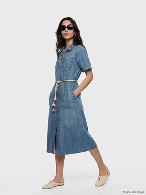 Lc Waikiki Yeni Sezon Gömlek Yaka Beli Kemerli Jean Elbise