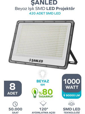 ŞANLED 1000W 50.000 Lümen 6500K Beyaz Işık Smd LED Projektör 8 Adet