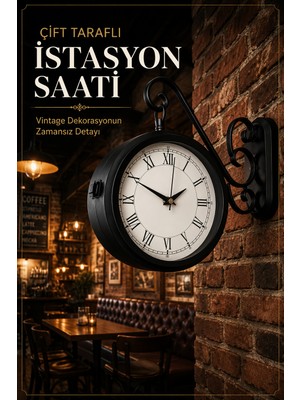 Siyah Metal Çift Taraflı Istasyon Saati 36 cm Retro Duvar Saati Dekoratif Saat