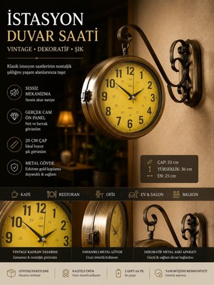 Retro Çift Taraflı Istasyon Saati 36 cm Metal Duvar Saati Antique Dekoratif Saat
