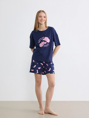 Lc Waikiki Yeni Sezon Bisiklet Yaka Baskılı Kadın Şortlu Pijama Takımı