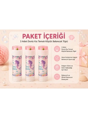 Bkmc Party Deniz Kızı Temalı Köpük Baloncuk Tüpü 3'lü / 5'li / 10'lu Set Doğum Günü Parti Hediyeliği Bubble Oyuncağı