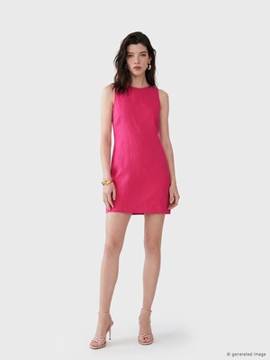 Lc Waikiki Yeni Sezon Bisiklet Yaka %100 Keten Mini Elbise