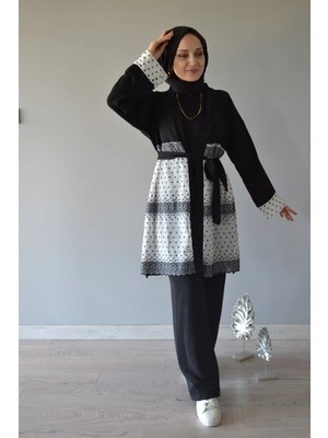 Aysun Aydemir Siyah Beyaz Dantel  Detaylı 2 Li Kimono Takım