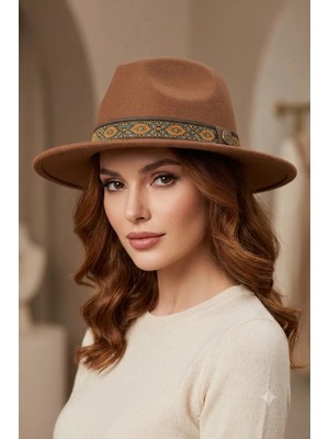 Nuit Design Taba Camel Fötr Şapka // Etnik Desenli Şapka