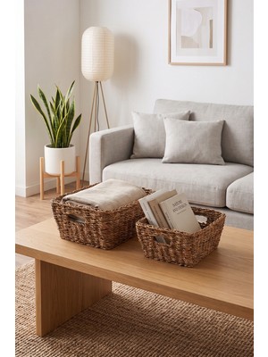 Avantage Home Alessia - 2 Li Naturel Dekoratif Kulplu Hasır Çok Amaçlı Sepet Seti, Havluluk, Banyo Organizer