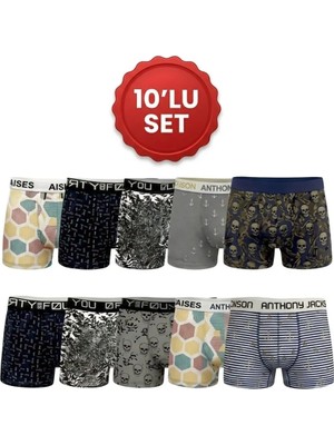 Orivra Erkek Boxer 10’lu Set Likralı Pamuklu Desenli Karışık Renk S-3XL