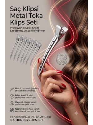 Transformacion Saç Klipsi Metal Toka Profesyonel 8 cm Metal Saç Klipsi 12'li Set - Çelik Krom Kaplama Kuaför Tipi Bölme ve Şekillendirme Tokası - Dayanıklı Berber Seksiyon Klipsi 718288
