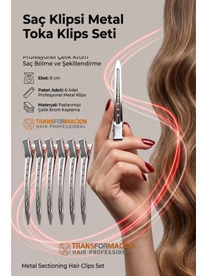 Transformacion Saç Klipsi Metal Toka Profesyonel 8 cm Metal Saç Klipsi 6'li Set - Çelik Krom Kaplama Kuaför Tipi Bölme ve Şekillendirme Tokası - Dayanıklı Berber Seksiyon Klipsi 721372
