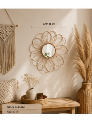 El Yapımı Bohem Bambu Duvar Aynası-Papatya Ayna