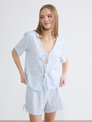Lc Waikiki Yeni Sezon V Yaka Ekose Kadın Şortlu Pijama Takımı