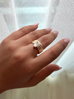 Busradan Design 14K Altın Kaplama Markiz Damla Taşlı Tektaş Yüzük – Zarif Kadın Yüzük – Şık Tasarım
