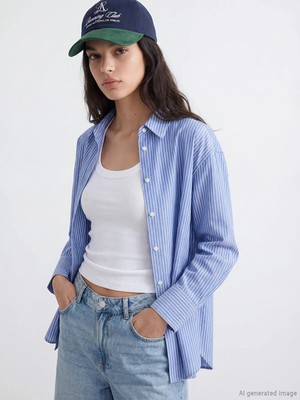 Lc Waikiki Yeni Sezon Çizgili Oversize Oxford Kadın Gömlek