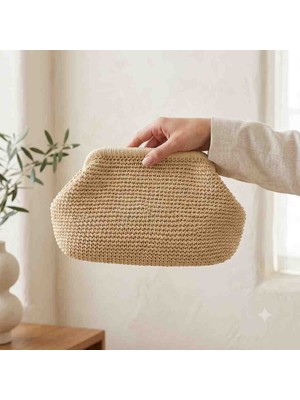 Creatif La Femme Burslu Clutch Saman Rengi Kağıt Ipten Çanta
