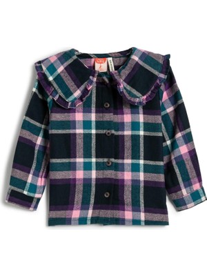 Koton Kız Bebek Oduncu Gömlek Geniş Bebe Yaka Fırfır Detaylı Pamuklu Yumuşak Dokulu Pembe Kareli, 3/4 Ay
