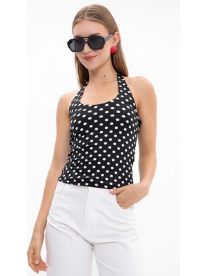 FullaModa Boyundan Geçirmeli Puantiyeli Slim Fit Bluz