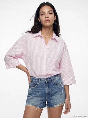 Lc Waikiki Yeni Sezon Çizgili Oversize Poplin Kadın Gömlek