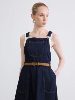 Lc Waikiki Yeni Sezon Kare Yaka Beli Kemerli Jean Salopet Elbise