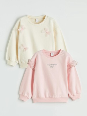 Lc Waikiki Yeni Sezon Bisiklet Yaka Nakışlı Kız Çocuk Sweatshirt 2'li