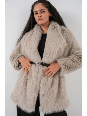 Hiccup Kadınlar Bdart Kemerli Uzun Oversize Suni Kürk Palto Açık Gri