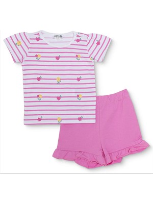 Hellobaby Kız Bebek Tişört-Şort Çiçek Baskılı Bisiklet Yaka Short Sleeve Reçme