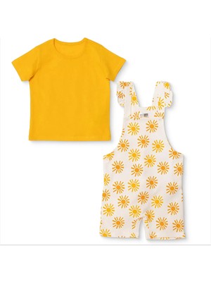 Hellobaby Kız Bebek Şort Salopet-Tshirt Çiçek Baskılı Düğmeli Bisiklet Yaka Short Sleeve Reçme