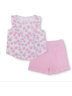 Hellobaby Kız Bebek Bluz-Şort Çiçek Baskılı Bisiklet Yaka Sleeveless Reçme