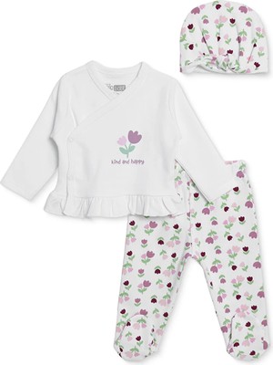 Hellobaby Kız Bebek Zıbın-Şapka-Alt Çiçek Baskılı Çıtçıtlı V Yaka Long Sleeve Patikli