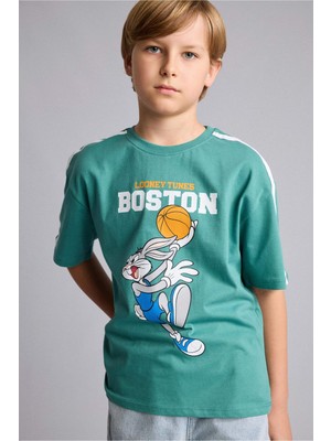 DeFacto %100 Pamuk Looney Tunes Lisanslı New Regular Fit Bisiklet Yaka Kısa Kollu Yeşil Tişört Erkek Çocuk H5815A826AU