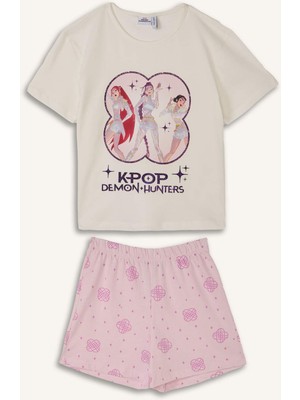 DeFacto Kpop - Demon Hunters Lisanslı Regular Fit Elastik Bel 2'li Ekru Pijama Takımı Kız Çocuk H8098A826SM