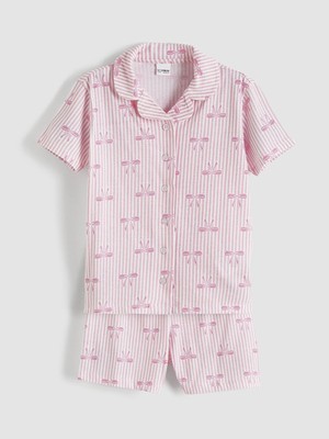 Lc Waikiki Yeni Sezon Gömlek Yaka Fiyonk Desenli Kız Çocuk Şortlu Pijama Takımı