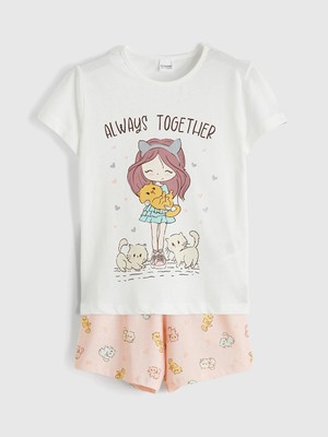 Lc Waikiki Yeni Sezon Bisiklet Yaka Baskılı Kız Çocuk Şortlu Pijama Takımı
