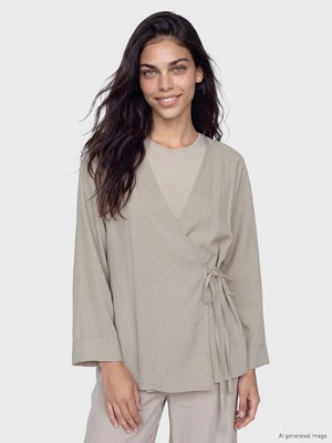 Lc Waikiki Yeni Sezon Kruvaze Yaka Dokulu Modal Karışımlı Kadın Kimono