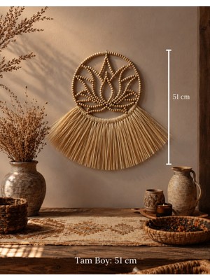 El Yapımı Ahşap Boncuklu Lotus Rafya Duvar Süsü
