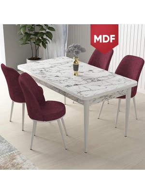 Canisa Concept Nil Serisi MDF beyaz Mermer Desen 70 x 110 cm Sabit Yemek Masası Takımı Masa 4 Sandalye