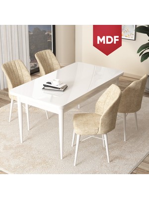 Canisa Concept Arp Serisi, MDF Beyaz Masa 70 x 110 cm Sabit Mutfak Masası Takımı, 4 Sandalye