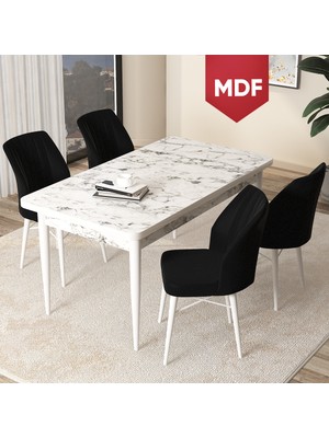 Canisa Concept Arp Serisi, MDF Beyaz Mermer Desen Masa 70X110  Sabit Mutfak Masası Takımı, 4 Sandalye