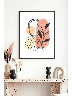 Huhuli Doğal Ahşap Çerçeveli Soyut Yaprak Desenli Tablo - Pastel Tonlar | HUHU1048